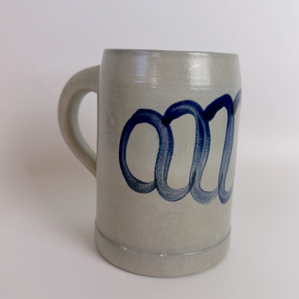 VTG German Ceramic Beer Stein Mug Cobalt Blue Beige Gray Salt Glaze 0.5L Stamped